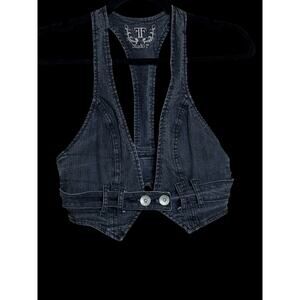 True Y2K Womans V Style Denim Vest Black Washed Button Strap Studio F Sz S-M C10